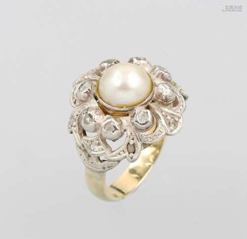 Ring with pearl and diamonds, YG 585/000 and silver