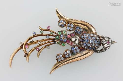 14 kt gold brooch 'bird' with coloured stones