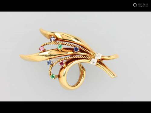 18 kt gold brooch with coloured stones and diamonds
