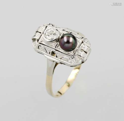 14 kt gold Art-Deco ring with diamonds and cultured pearl