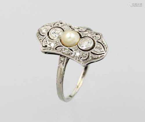 18 kt gold Art-Deco ring with diamonds and pearl