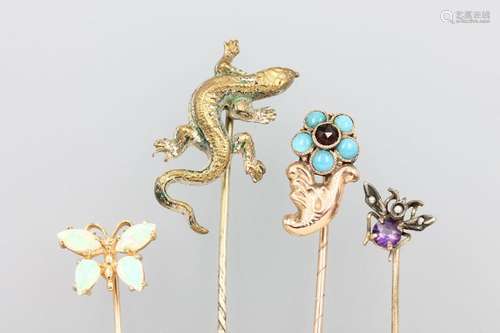 Lot 4 tie pins, german approx. 1890/1900