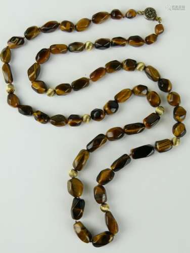 CHINESE 14KT Y GOLD & TIGER EYE LONG NECKLACE