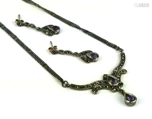 VICTORIAN STERLING AMETHYST MARCASSITE SUITE