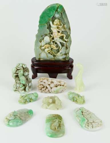 LOT OF 10 CARVED JADE & JADEITE PLAQUES & FIGURES