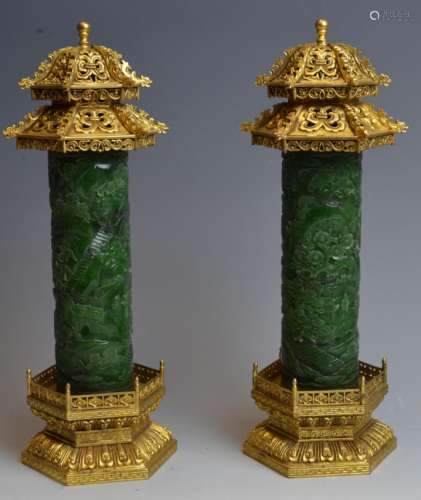 Pr OF IMPORTANT CHINESE JADE GILT BRONZE INCENSE BURNERS