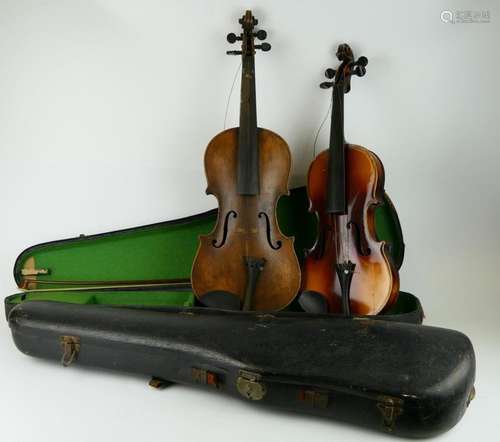 2 ANTIQUE VIOLINS WITH BOWS & CASES