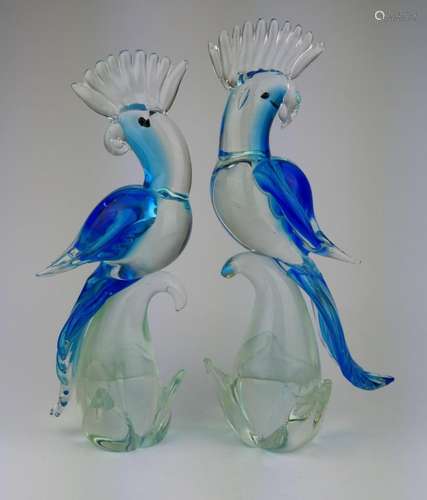 PAIR OF MURANO AQUA GLASS PARROT SCULPTURES