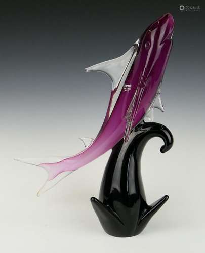 MURANO CRANBERRY & ONYX ART GLASS SHARK SCULPTURE