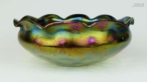 RINDSKOPF IRIDESCENT ART GLASS RUFFLED RIM BOWL