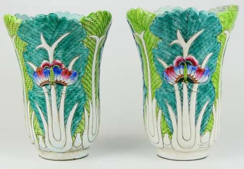 Pr CHINESE FAMILLE ROSE BOK CHOY BUTTERFLY VASES