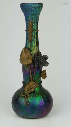 IRIDESCENT ART GLASS BRASS MOUNTED BUD VASE