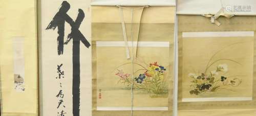 4 CHINESE WATERCOLOR WORKS ON PAPER & SILK SCROLLS