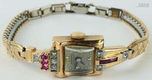 RETRO 14KT Y GOLD DIAMOND & RUBY LADIES WATCH