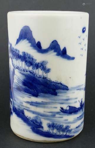 CHINESE BLUE & WHITE PORCELAIN SCENIC BRUSH POT