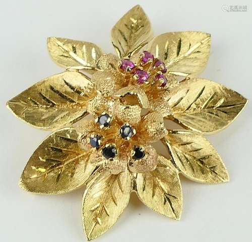 LARGE 14KT Y GOLD RUBY & SAPPHIRE FLORAL BROOCH