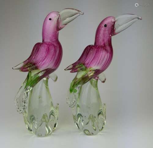 2 MURANO STRIPED CRANBERRY GLASS TOUCAN SCULPTURES