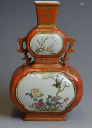 CHINESE CORAL RED FAMILLE ROSE PORCELAIN VASE