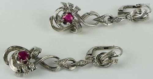 ESTATE 14KT WHITE GOLD 1CT DIAMOND & RUBY EARRINGS