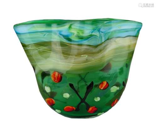 MURANO ART GLASS EMERALD BASKET RUFFLE VASE