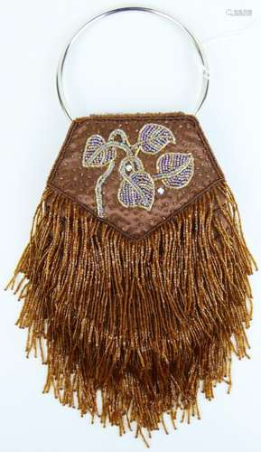 VINTAGE FLORAL BEADED FRINGE EVENING BAG PURSE