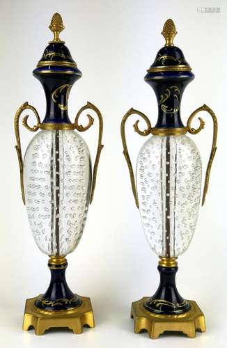 Pr PAIRPOINT CONTROLLED BUBBLE GILT MOUNTED URNS