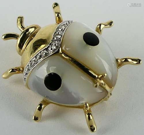 14 KT Y GOLD MOONSTONE & DIAMOND BEETLE PIN