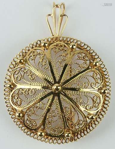 VINTAGE 14KT Y GOLD FILIGREE LARGE PENDANT/PIN