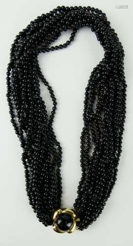 CHINESE 14KT Y GOLD & ONYX 12 STRAND NECKLACE