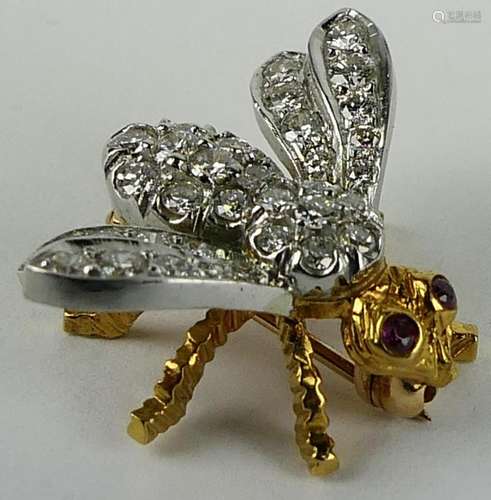 18 KT YELLOW GOLD DIAMOND & RUBY BEE PIN