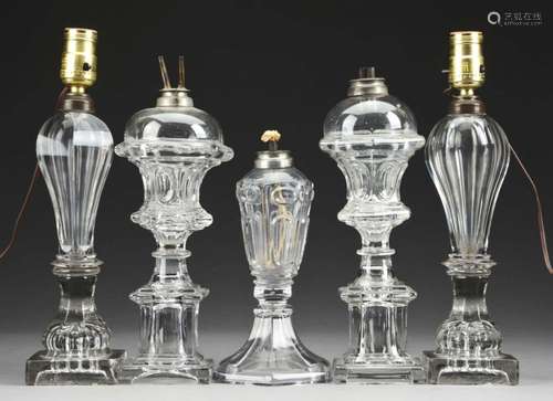 Group Of 5: Clear Sandwich Glass Fluid Lamps.