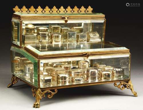 Unusual Beveled Glass and Gilt Metal Mounted Step Back Tabletop Display Case.