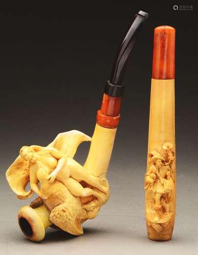 Lot of 2: Well-Carved Meerschaum Pipes.