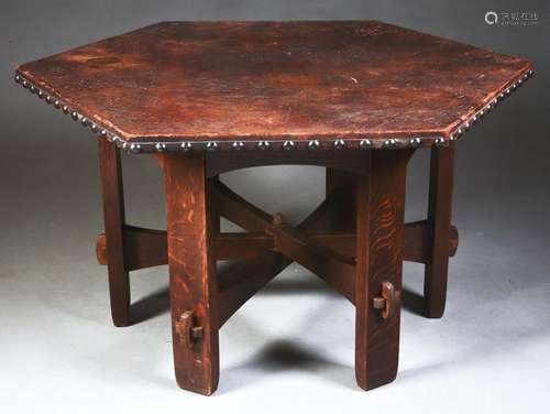 Rare Gustav Stickley Hexagonal Leather Top Library Table, No. 625.