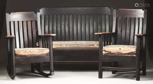 Lot of 3: Gunlocke Chair Co. 3 Piece Mission Oak Parlor Set.