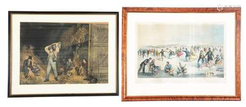 Group Of 2: Colored Engraving of Ice Skaters on Central Park & Color Print of Barn Scene Interior.