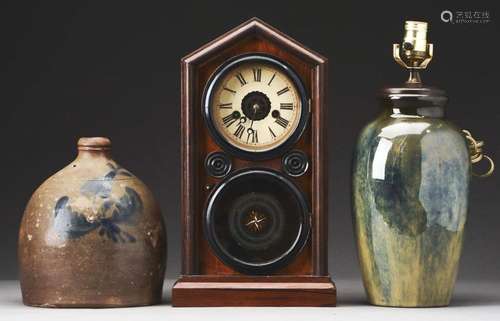 Lot Of 3: Ingraham Shelf Clock, Fulper Vase & Salt Glaze Crock.