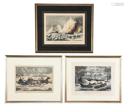 Lot Of 3: Currier & Ives Winter & Whaling Lithographs.