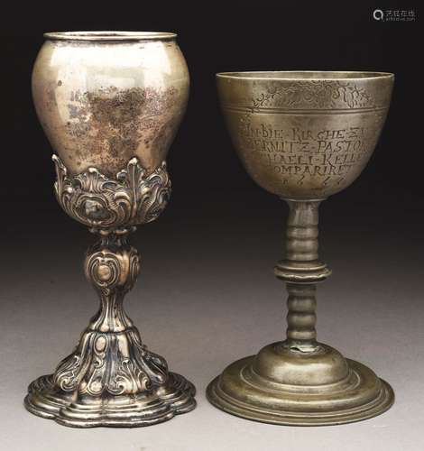 Lot of 2: 17th Century Pewter Goblet & Silver Goblet.