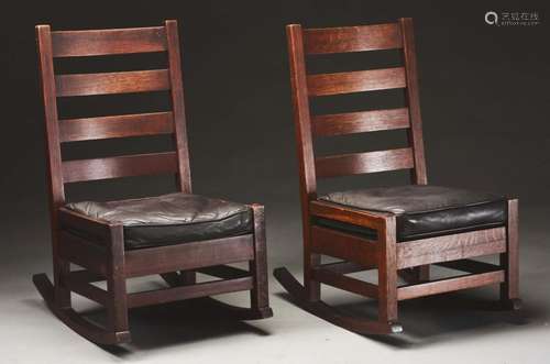 Lot of 2: Pair of Early Gustav Stickley Hip-Rail Rockers, No. 303.