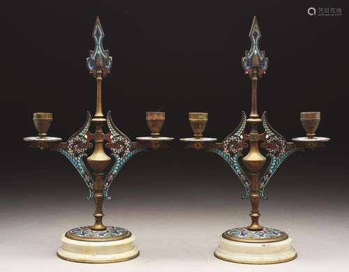 Lot Of 2: Pair of Champleve Brass Candelabra.