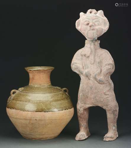 Lot Of 2: Han Style Glazed Pottery Jar Together with Han Pottery Standing Figure.