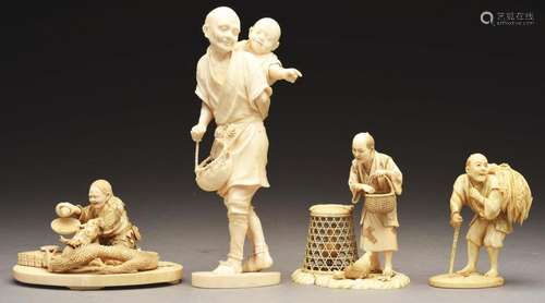 Lot Of 4: Japanese Carved Ivory Figural Groups.