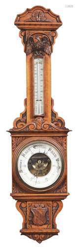 Ornately Carved Oak Aneroid Barometer with Eagle Form.