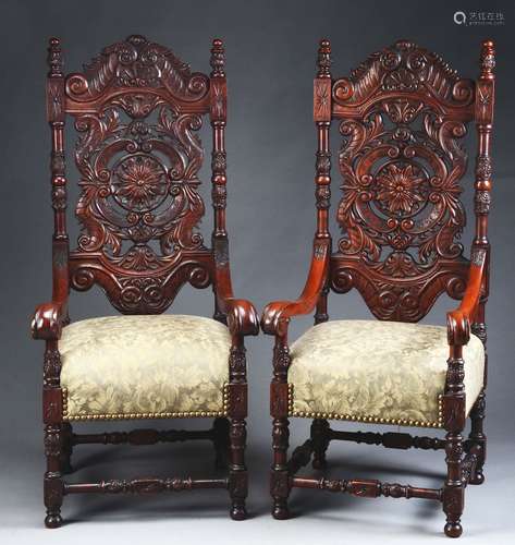 Fine Pair of Rococo Style Carved Mahogany Armchairs.