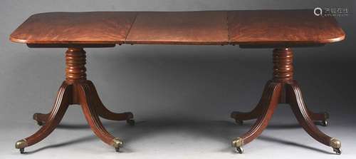 Georgian Two Part Mahogany Pedestal Dining Table with Leaf.