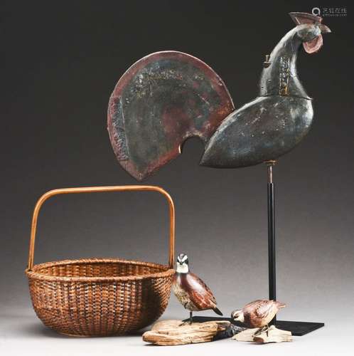 Group of 4: Nantucket Lightship Basket, Hand Crafted Wooden Rooster Weathervane & Two Carved and Painted Sculptures Of Quail.