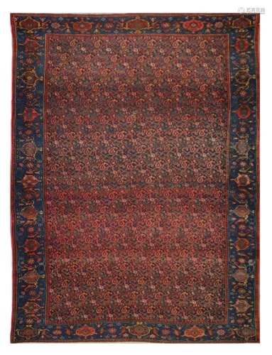 AN ANTIQUE MALAYIR RUG, WEST PERSIA approx: 7ft.5in. x 5ft.7in.(226cm. x 170cm.) Unusual design  for this type. small old repairs, Ends with short fringes. Selvages rebound. In general this rug has good pile and is in good usable condition. Elegant piece.