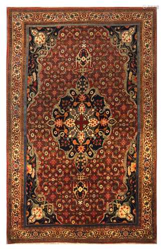 A FINE ANTIQUE BIJAR RUG, NORTH-WEST PERSIA approx: 7ft.8in. x 4ft.10in.(234cm. x 147cm.) Beautifully design rug with very good colour combination. Bold appearance. Apart of tiny touches to the top pile in places, barely visible, this rug is in very good condition throughout. Selvages rebound, well done. Ends with short fringes, secured. Fine weave, approx: 8 x 7 knots per sq. cm; woven on wool foundation. Attractive and very good furnishing piece. ca 1890's