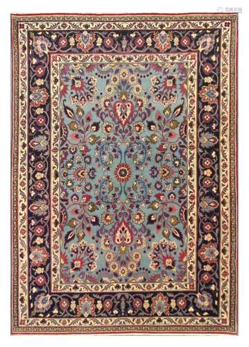 A FINE ANTIQUE TEHERAN RUG, NORTH PERSIA approx: 5ft.11in. x 4ft.3in.(180cm. x 130cm.)This rug has very good colour combination with light blue field. Design is well drawn. The pile is full. Selvages rebound, well done. Ends with short fringes, secured. Tight weave, approx: 5 x 5 knots per sq.cm. Very attractive and lovely furnishing piece. ca 1910